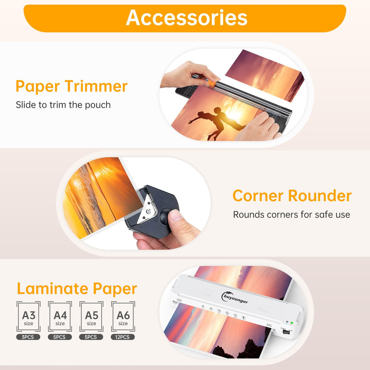 Buyounger Laminator Machine, A3 Laminator Machine with 30 Laminating Sheets, 13 Inch Laminating Machine with Fast Warm-up for A3/A4/A5/A6, Thermal and Cold 11X17 for Home School Office Buyounger