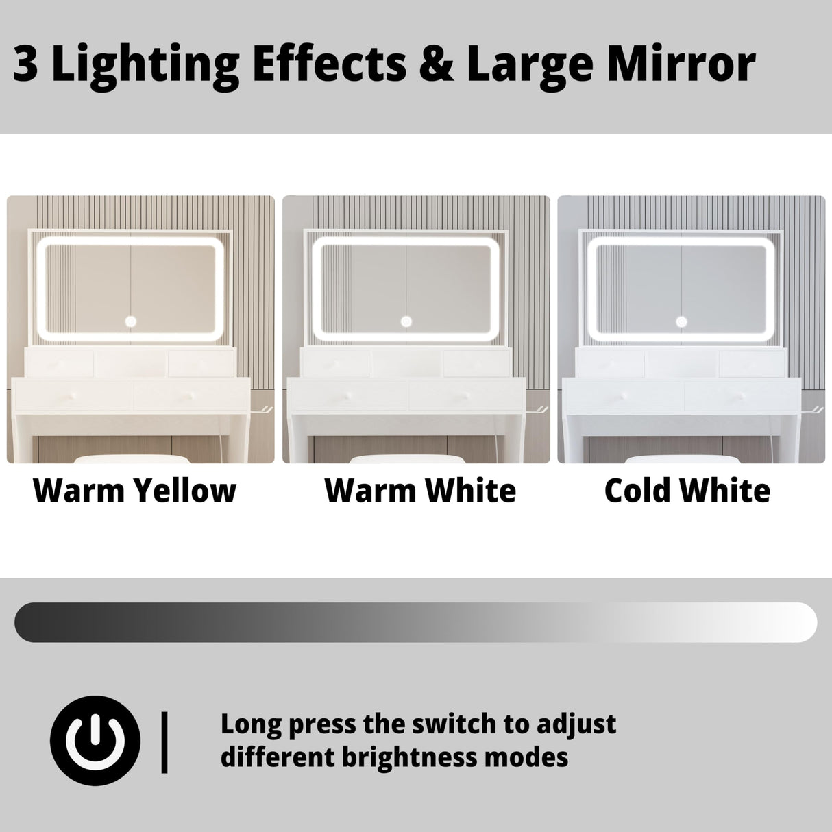 LIKIMIO Vanity Desk with LED Lighted Mirror & Power Outlet & 4 Drawers, Makeup Table Set with Storage Stool and Hair Dryer Stand, White LIKIMIO