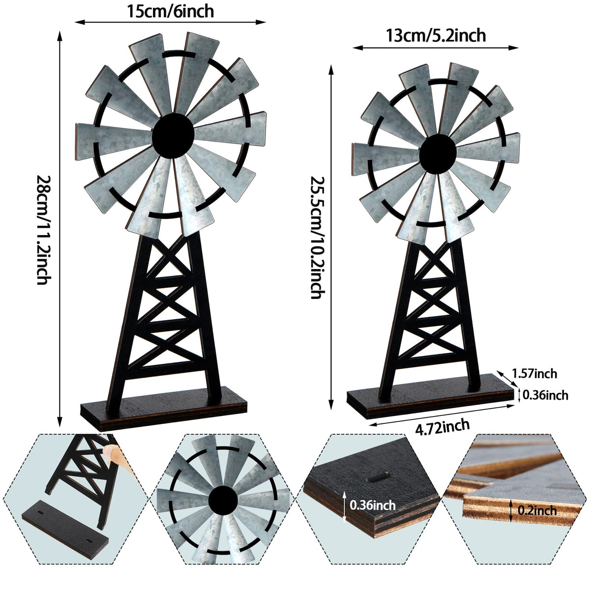 Yalikop Set of 2 Wooden Farmhouse Windmill Table Top Decor Wood Small Distressed Black Grey Rustic Windmill Themed Table Decor for Kitchen Garden Home Yalikop