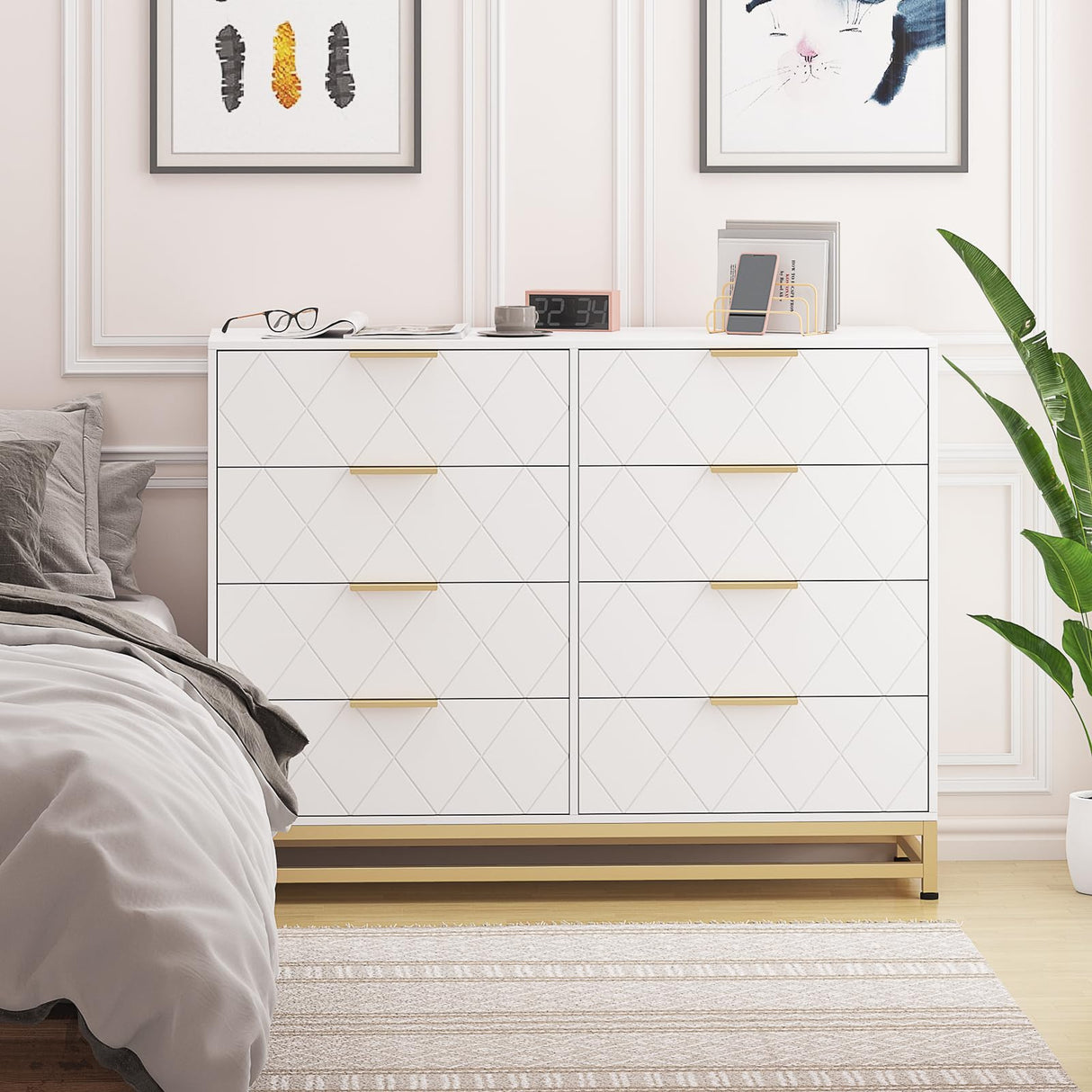Patikuin 8 Dresser for Bedroom Wooden with 8 Drawer, Chest of Drawers Wide Dresser with Metal Handle, White Dresser for Bedroom,Living Room,Hallway and Entryway Patikuin