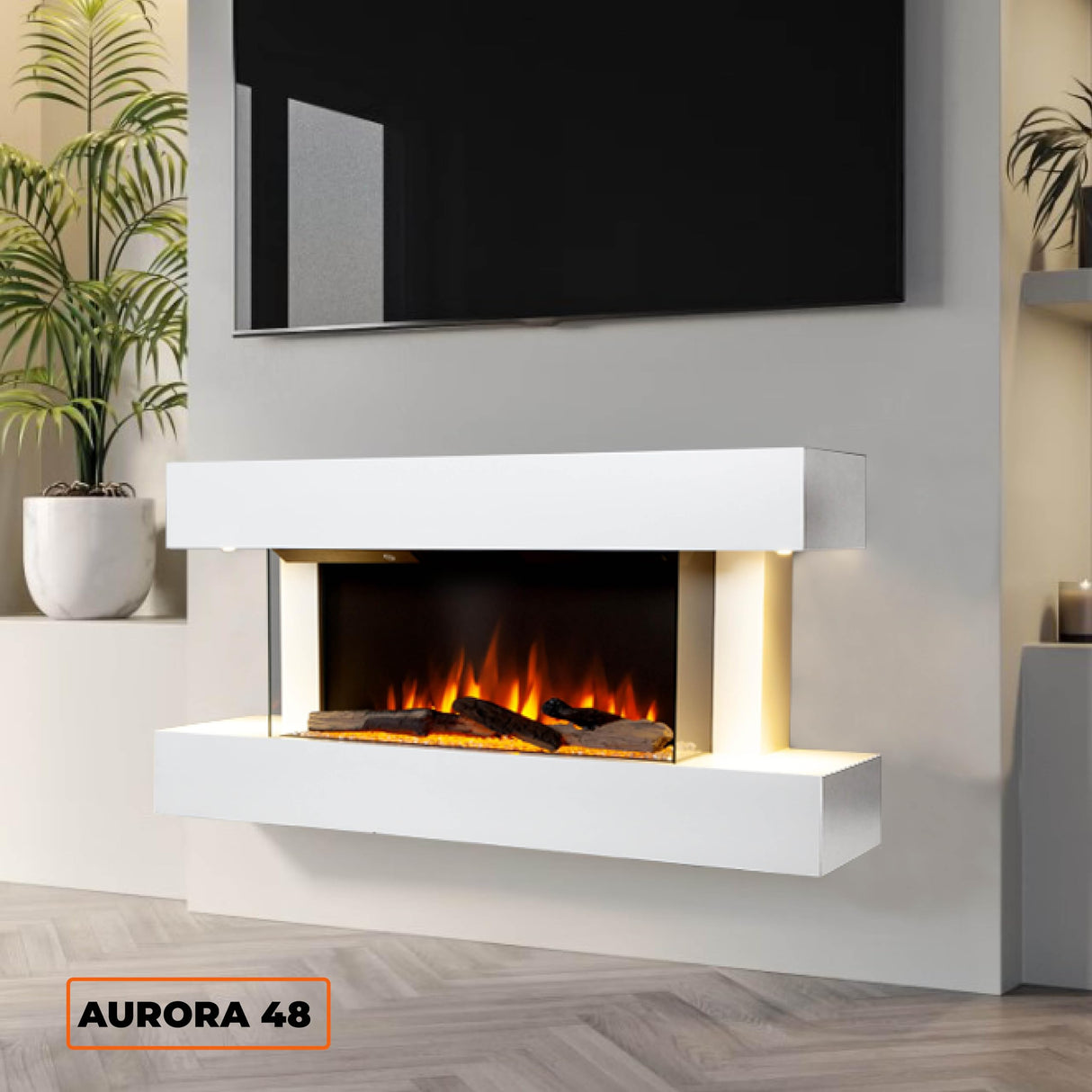 FIREBLAZE Aurora 48” 3-Sided Electric Fireplace with Wall Mount Floating White Mantel Surround 48 inch Wide, Wall Hanging or Freestanding, Heater, Remote Control, Timer and Overheating Protection FIREBLAZE Where Warmth Begins