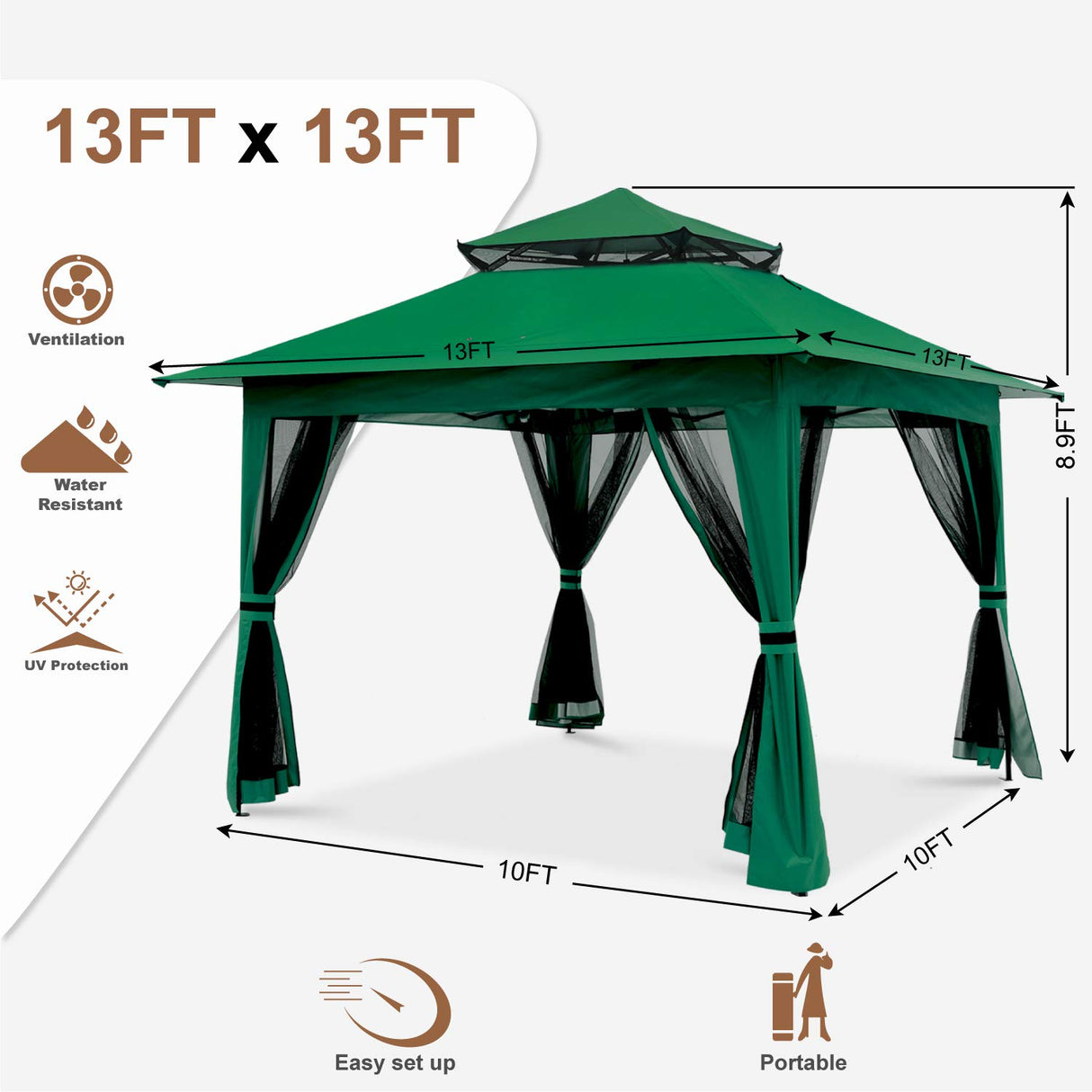 MASTERCANOPY Patio Gazebo Outdoor Pop Up Gazebo with Mesh Walls (Forest Green, 13x13) MASTERCANOPY