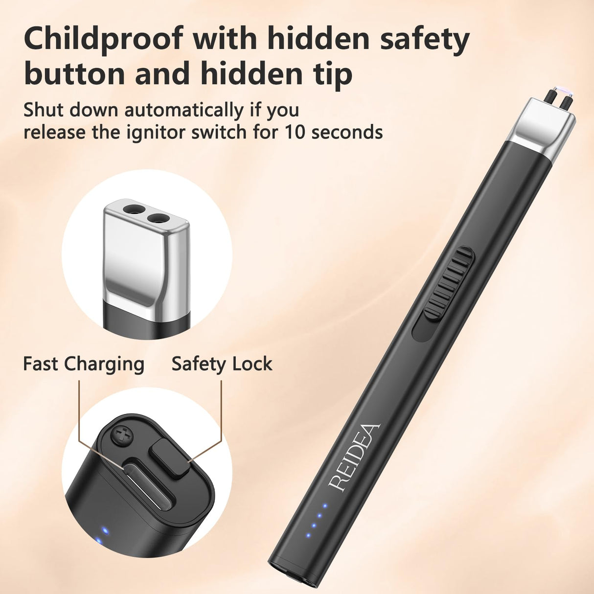 REIDEA Electric Lighter Candle Lighter, Windproof Flameless USB Rechargeable Arc Retractable Lighter with Safe Button and Power Indicator for Candle, BBQ and Fireworks, R1 Flat, Obsidian Black REIDEA