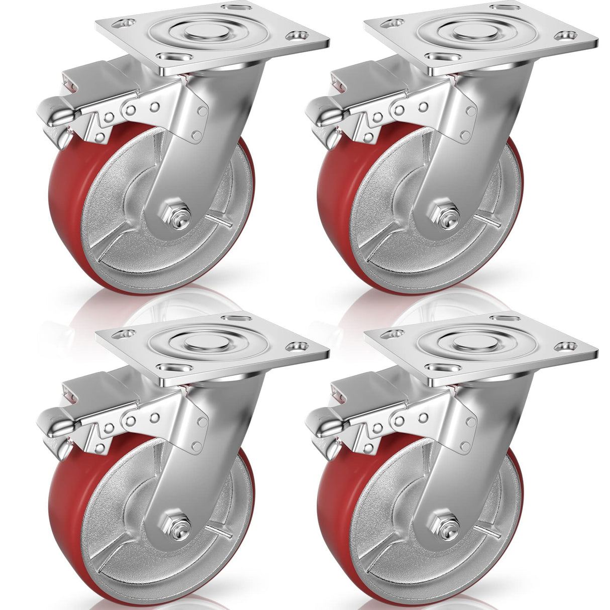 Casters Set of 4 Heavy Duty 6 inch Caster Wheels - ASRINIEY Locking Casters with No Noise Polyurethane on Steel Wheels, Swivel Plate Caster with Brake for Toolbox Workbench, 5000 lbs Total Capacity ASRINIEY