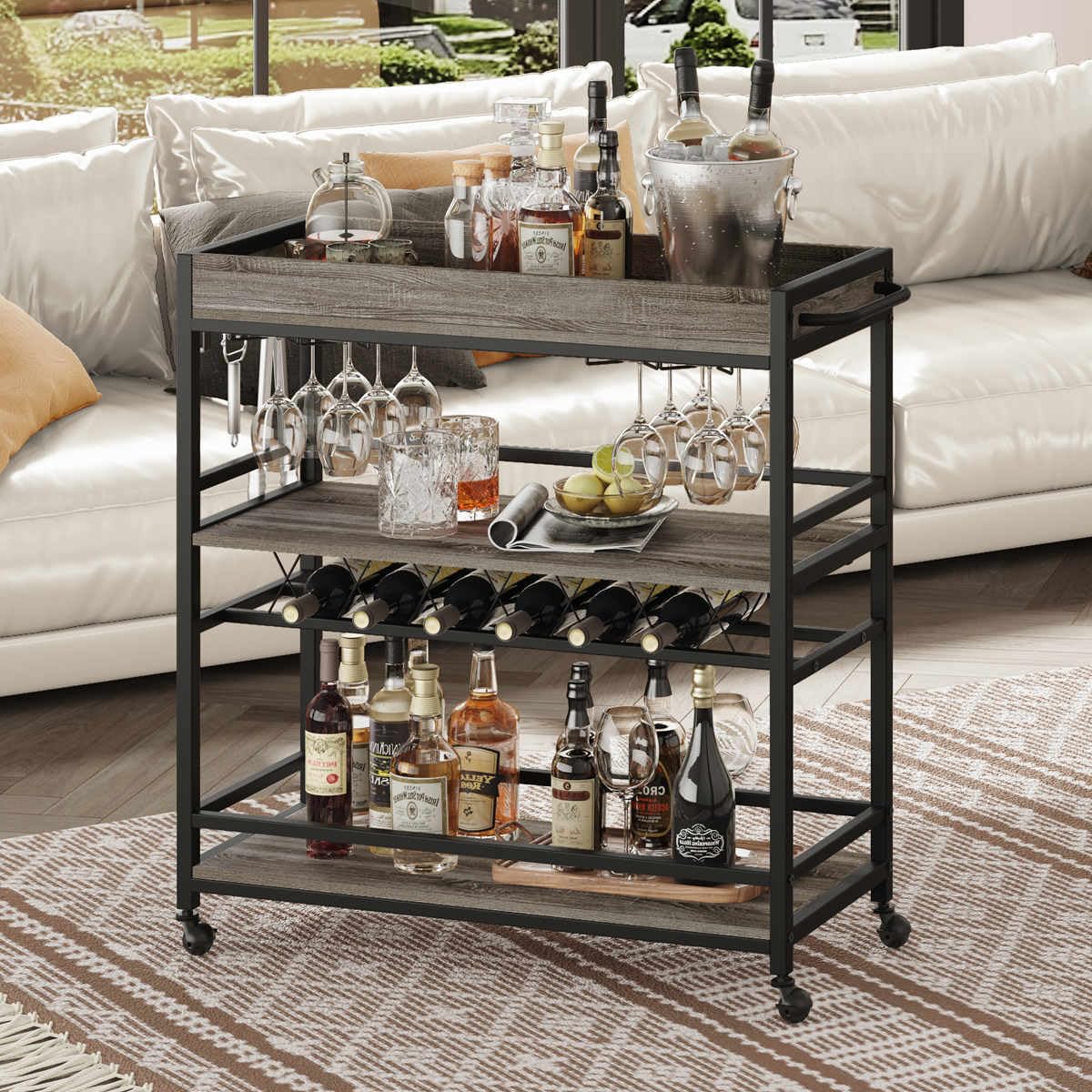 BON AUGURE Bar Cart, Home Bar Serving Cart on Wheels, Mobile 3 Tier Liquor Beverage Cart with Wine Rack and Glass Holder, Grey Oak BON AUGURE