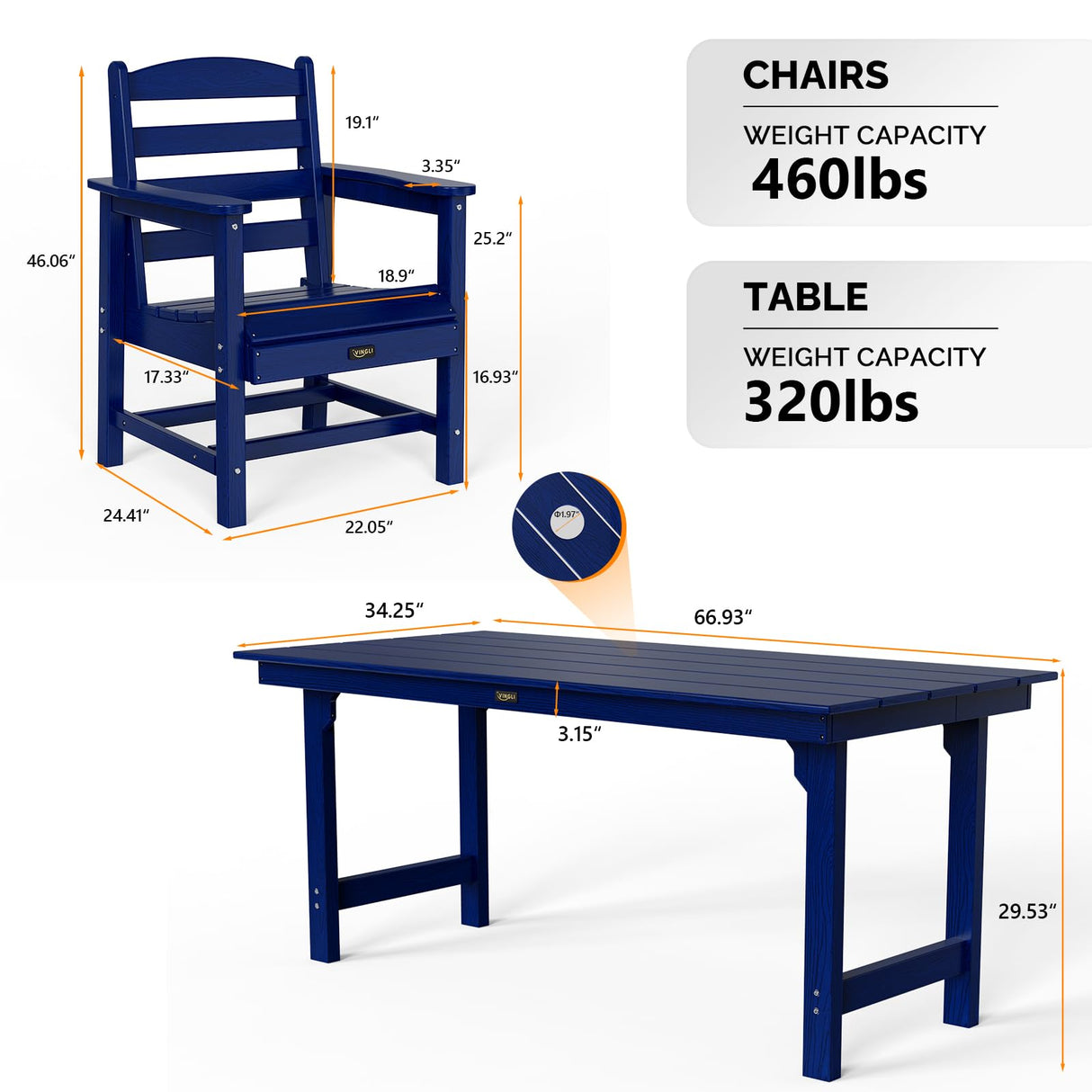 VINGLI 7-Piece Outdoor Patio Dining Set, HDPE All-Weather Rectangular Table with Umbrella Hole & 6 Patio Dining Chairs, Durable Patio Furniture for Backyard, Garden, Pool (Navy Blue, 7 Piece) VINGLI
