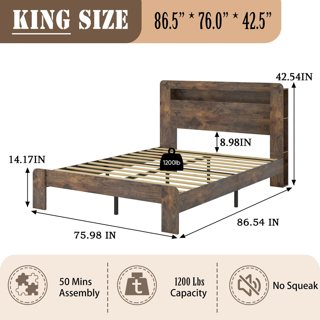 SAMTRA Modern King Wood Bed Frame with LED Headboard, Storage & Bookshelf SAMTRA