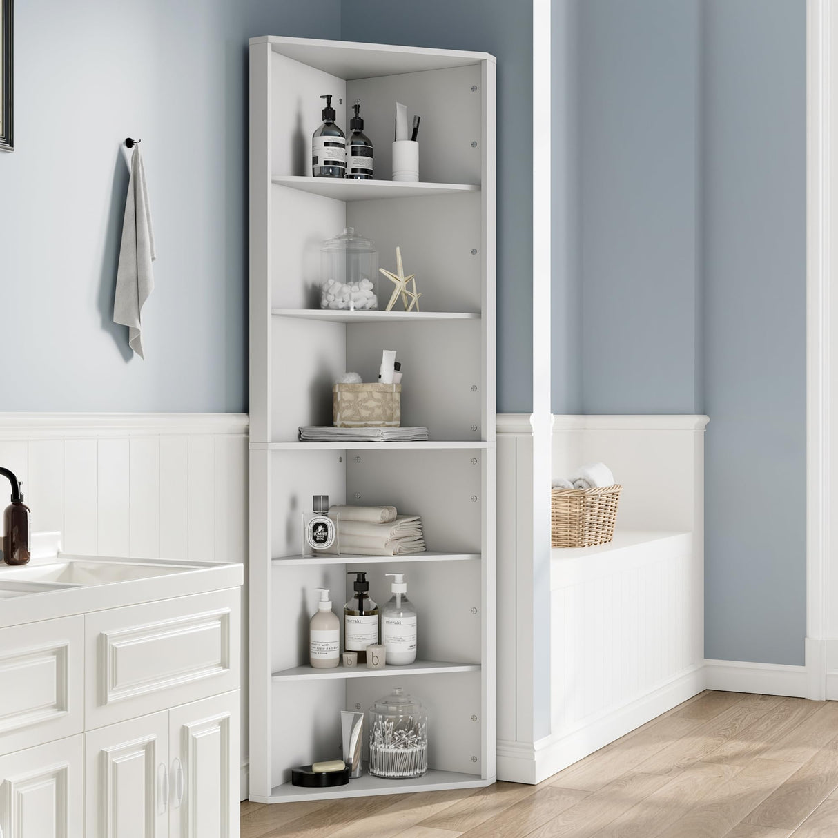 Furnify 6 Tier Corner Shelf with Adjustable Shelf, 68" Tall Corner Bookshelf Bookcase, Freestanding Corner Display Storage Shelf for Living Room, Office, Kitchen, Bath Room,Small Space, White Furnify