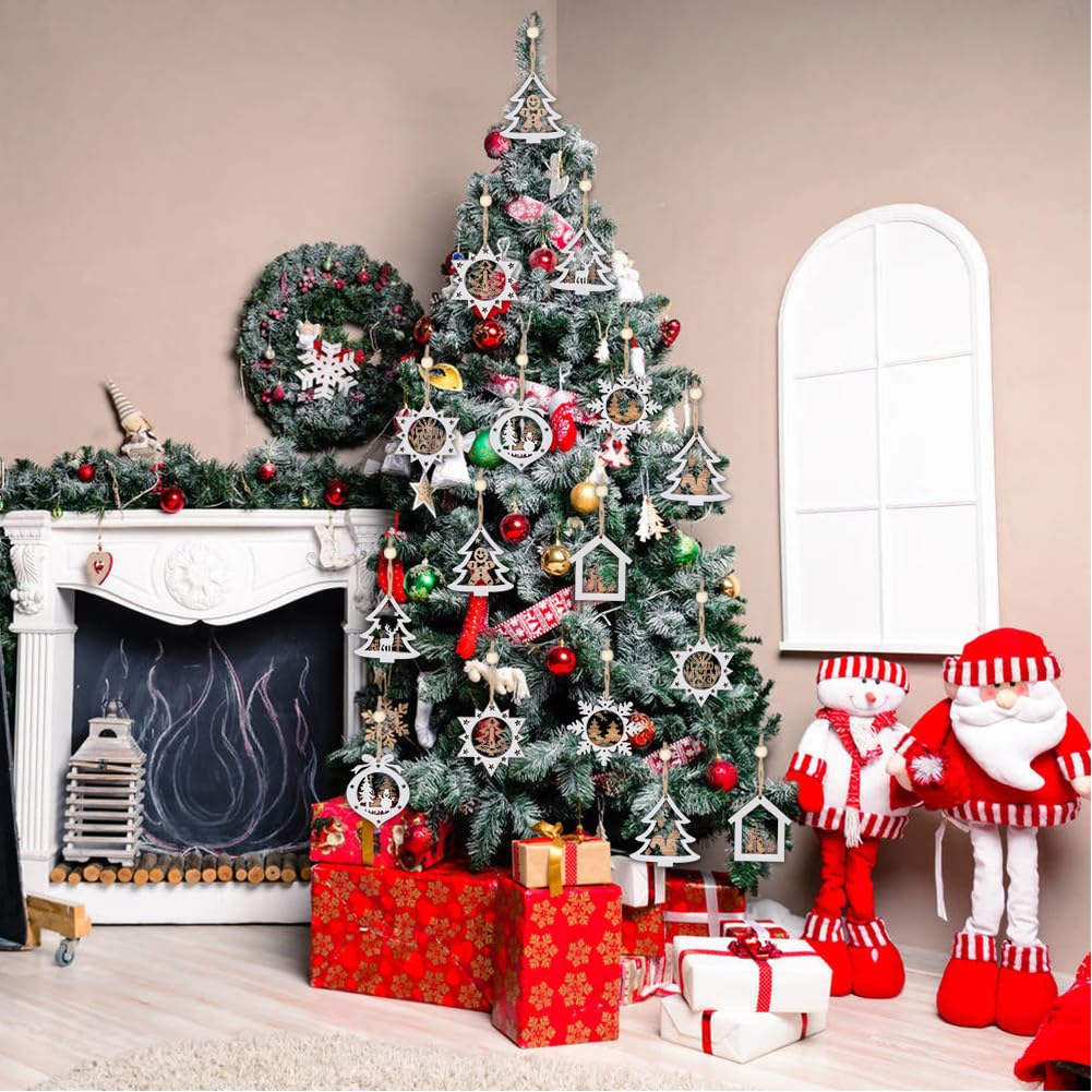 Ovootok Wooden Christmas Tree Ornaments, 27PCs 3D Hanging Christmas Decorations, Rustic Farmhouse & Winter Wonderland Ornaments for Christmas Tree Xmas Party, Santa Claus Snowman Snowflake (White) Ovootok