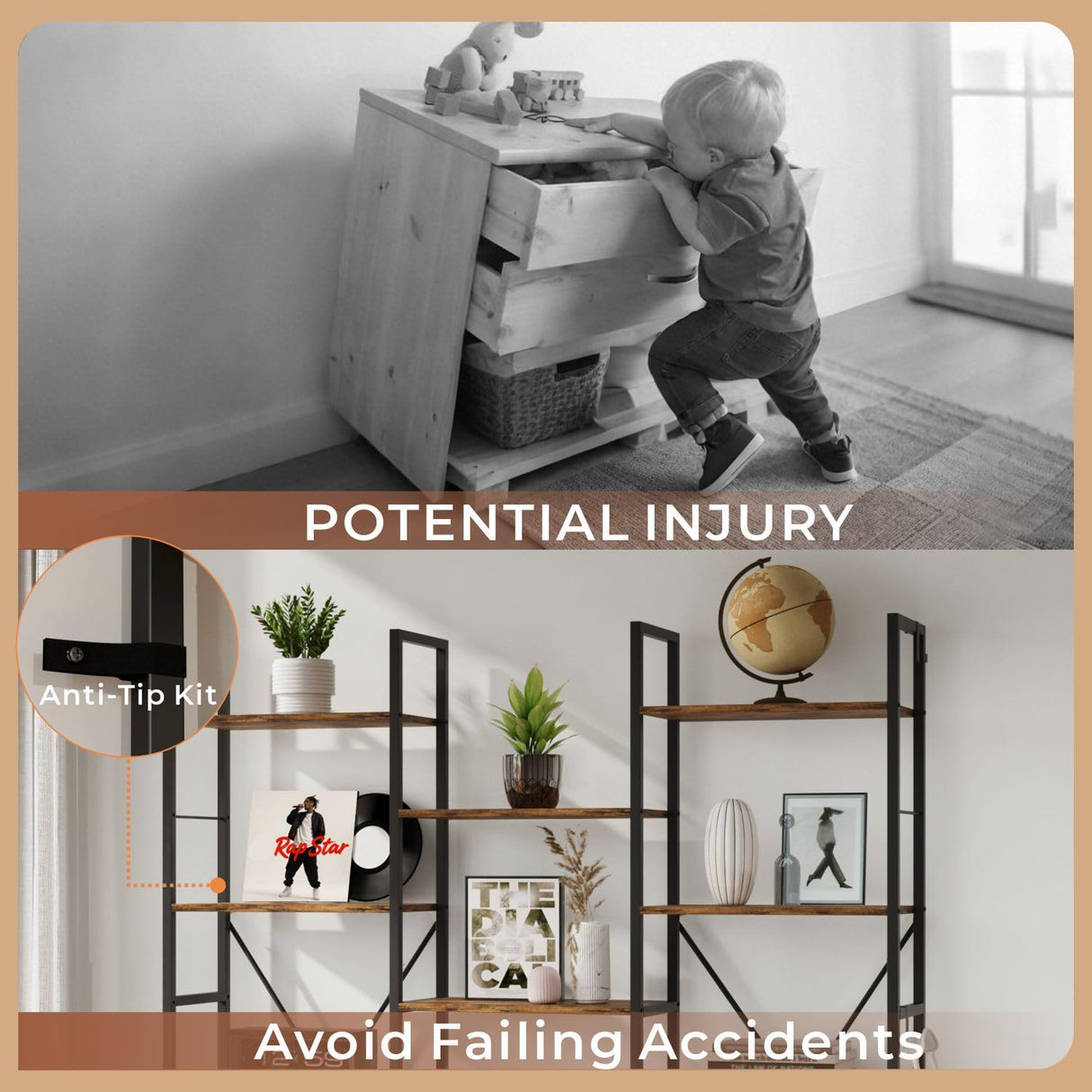 DSNAPE Triple Wide 5 Tier Bookshelf, 67" H Tall Industrial Bookcase with 14 Open Book Shelves, 4 Bonus Hooks and Adjustable Feet, Large Display Storage for Living Room, Office, Rustic Brown DSNAPE