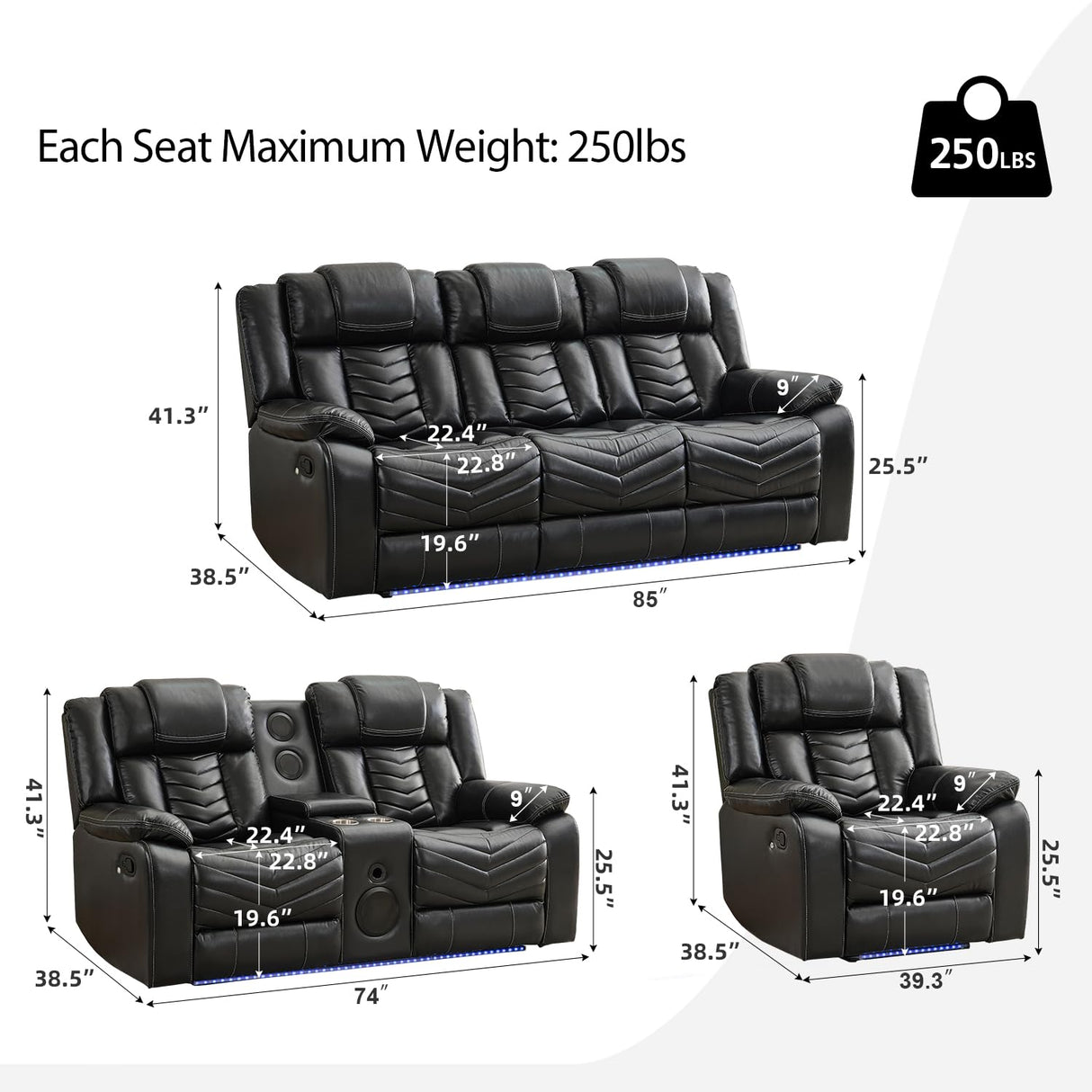 Manual Recliner Sofa Set 3 Piece with Wireless Charger for Living Room,Leather 3 Seater Reclining Couch with Bass Speaker and Loveseat Theater Seating,Home Electric Recliner Chair with LED Light,Black Comfort Stretch