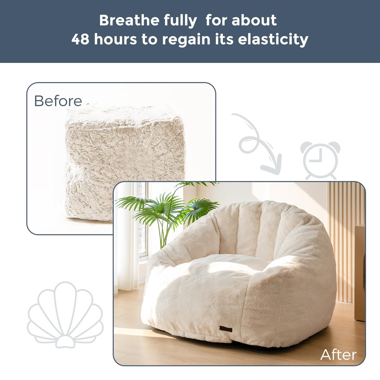 MAXYOYO Giant Bean Bag Chair, Oversized Bean Bag Couch for Adults and Kids, Faux Fur Shell-Shaped Large Bean Bag Chair with Filler, Stuffed Big Accent Sofa Chair Floor Sofa for Gaming, Reading, Beige MAXYOYO