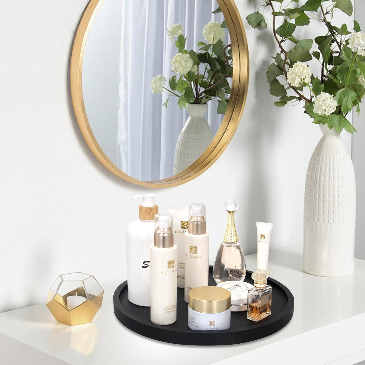 Black Wood Lazy Susan Cabinet Turntable Round Bathroom Vanity Organizer Tray Decorative 12" Wooden Lazy Susan for Dining Table Top Kitchen Sink Countertop Large Lazy Susan Rotating Tray Spice Rack Ayiaren