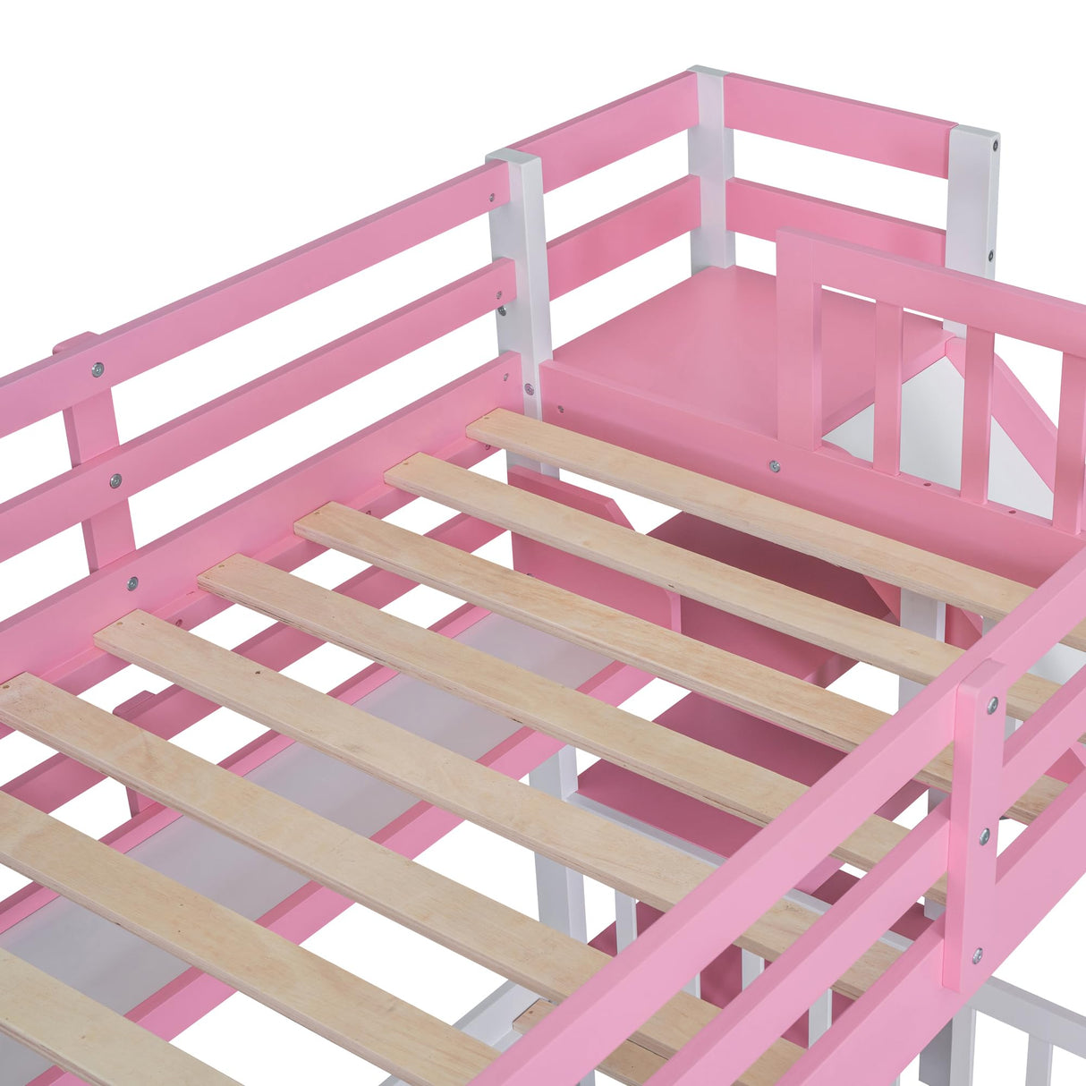 Ball & Cast Twin-Over-Twin Castle Style Bunk Bed,Wood Bunkbed w/ 2 Drawers and 3 Shelves,Full-Length Fence,Bedframe with Slide & Storage Ladder,Space Saving,Slat Support,for Child's Bedroom,Pink Ball & Cast