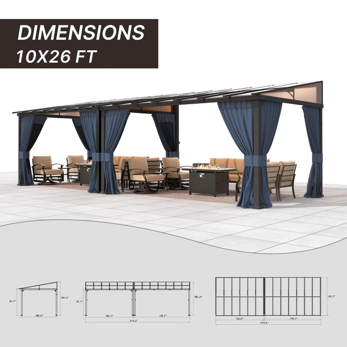 Gotland 10FTx26FT Outdoor Wall-Mounted Hardtop Pergola, Metal Frame Gazebo with Sloping Sun Panel Roof and Double Curtains for Patio, Garden, Lawn, Navy Gotland