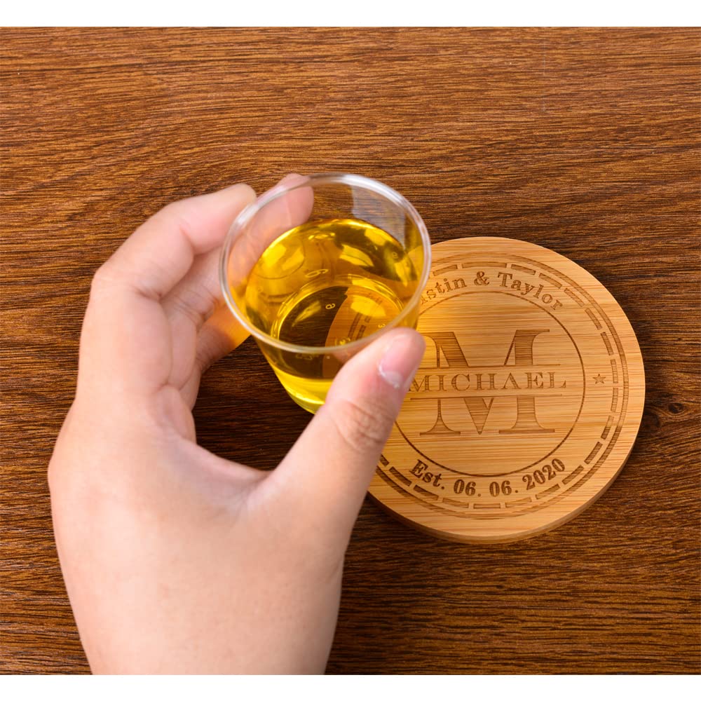 Personalized Coasters, Custom Engraved Coasters, Bamboo Coasters for Drinks, Monogram Coasters with Holder, Great Gifts for Relatives, Friends or Yourself (M, Set of 4) Mojia