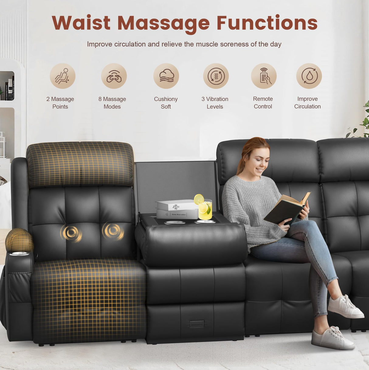 Reclining Sectional Couches for Living Room, L Shaped Large Sectional Reliner Sofa, Faux Leather Couch, Home Theater Seating with Console, Recliner Couch & Sofa Aotolo