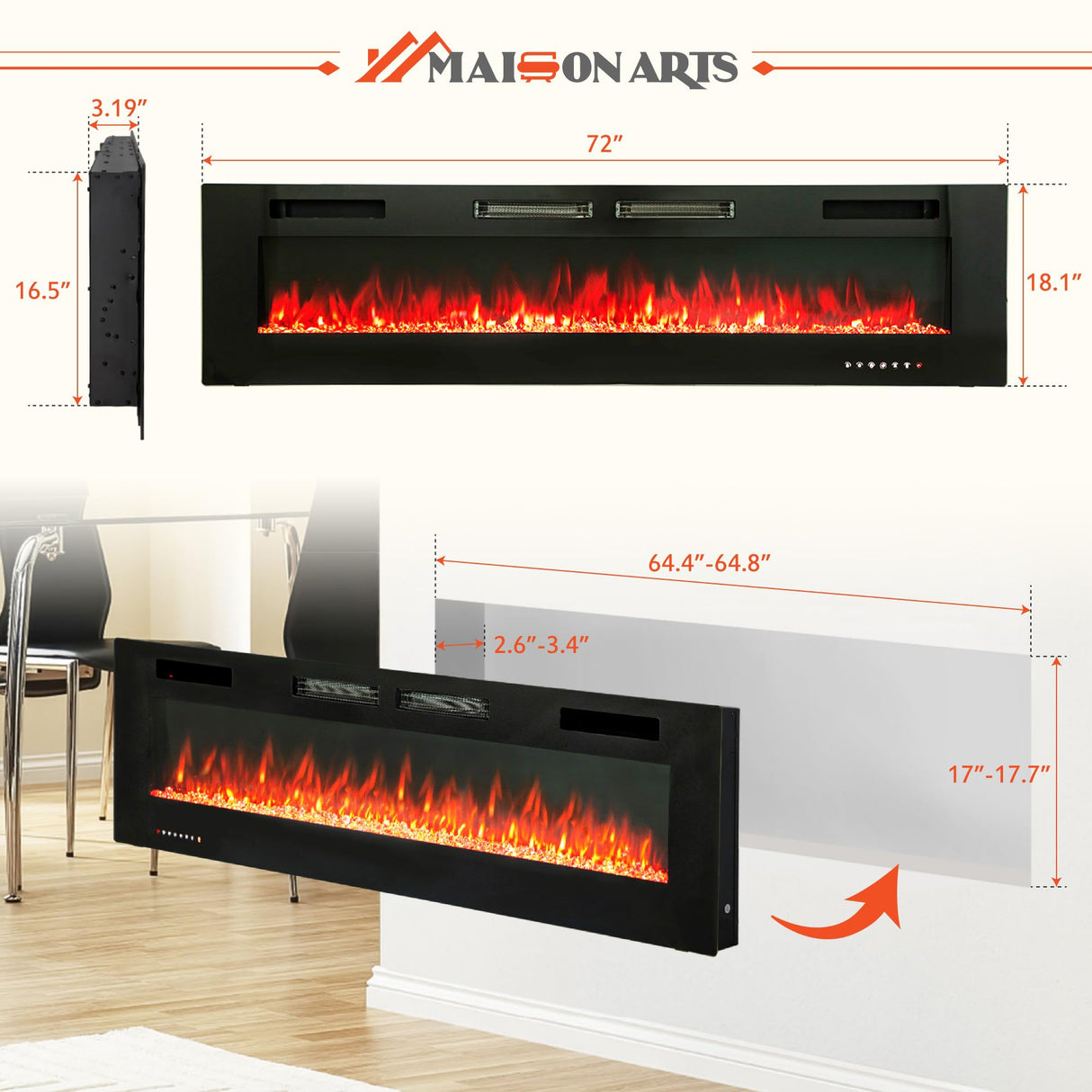 MAISON ARTS 72" Electric Fireplace Indoor Wall Mounted & Recessed Fireplace Heater with Remote Control & Touch Screen,8hrs Timer, Adjustable Flame & Bed Colors and Speed for Bedroom Living Room,1500W MAISON ARTS