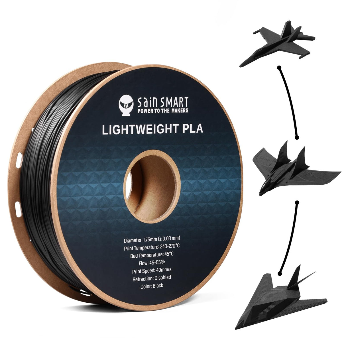 SainSmart Light Weight Filament 1.75mm, LW-PLA Low-Density Active Foaming 3D Printer Filament for RC Planes Drone Parts and Cosplay, Black PLA Filament, 1KG SainSmart
