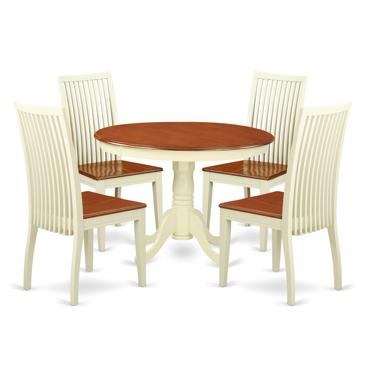 East West Furniture HLIP5-BMK-W 5 Piece Dining Room Furniture Set Includes a Round Kitchen Table with Pedestal and 4 Dining Chairs, 42x42 Inch, Buttermilk & Cherry East West Furniture