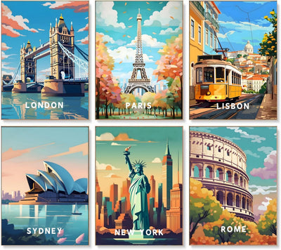 6 Pack Paint by Numbers Kit for Adults Beginners-Easy City Travel Adult Paint by Number Kits on Canvas, DIY Acrylic Oil Painting by Numbers for Adults Without Frame for Gift Home Wall Decor(10x14inch)