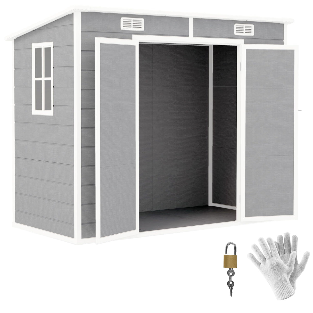 Outsunny 8' x 4' Outdoor Storage Shed, Resin Plastic Shed with Floor, Window, Lockable Doors and Vents, All-Weather Tool Shed for Backyard, Patio, Lawn, Gray Outsunny