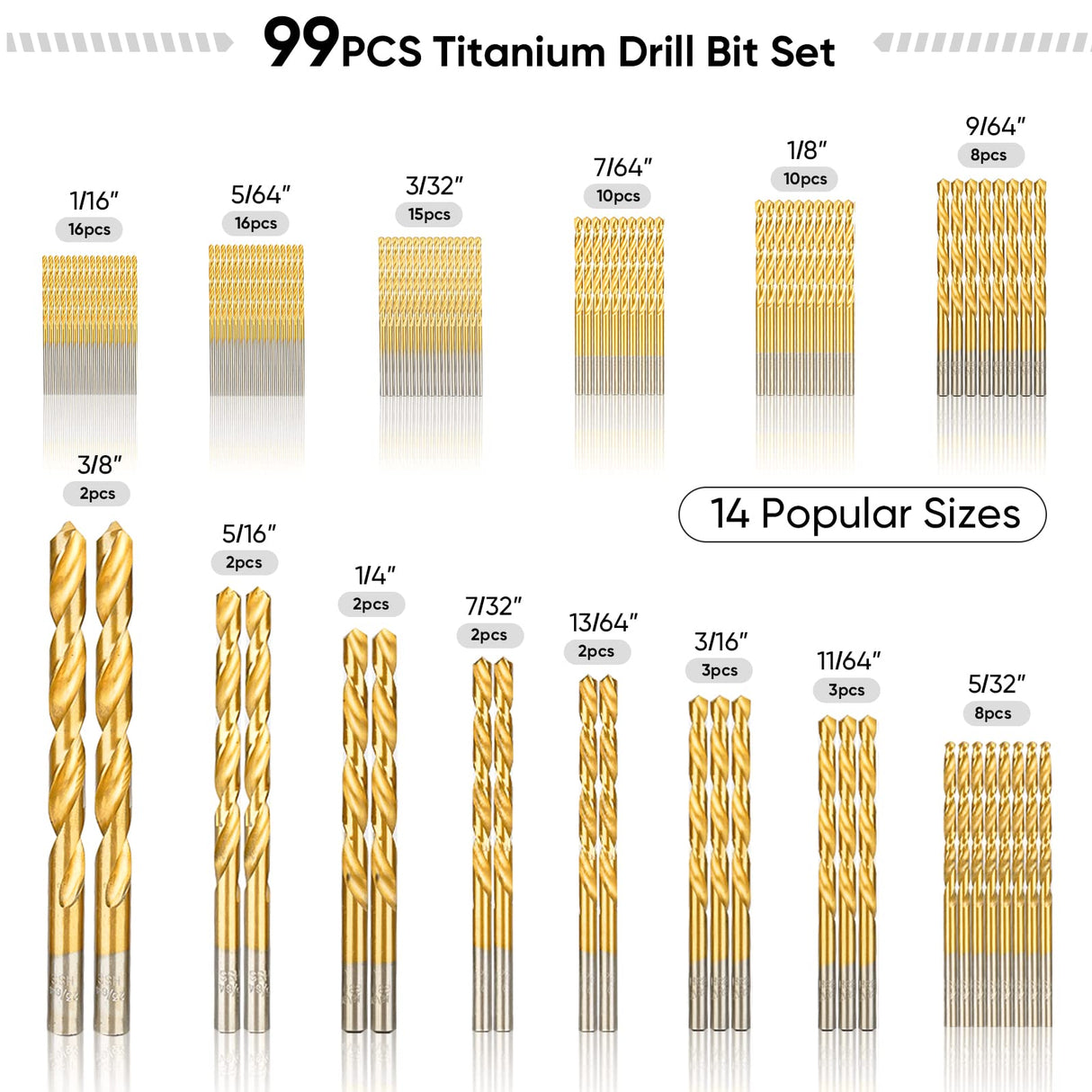 TICONN 99PCS Titanium Coated Drill Bit Set, 135 Degree Tip HSS Bits Kit with Storage Case for Aluminum, Copper, Soft Alloy Steel, Wood, Plastic Size from 1/16" to 3/8" TICONN