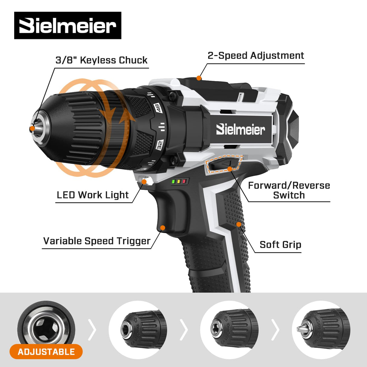 Bielmeier 20V MAX Cordless Drill Set – 285 In-lb Torque,2 Variable Speed,64+1 Position,3/8" Keyless Chuck,Drill Machine Includes 2 Brushes,Flex Shaft,Cloth Bag & 58 Drill Bits(Black) BIELMEIER