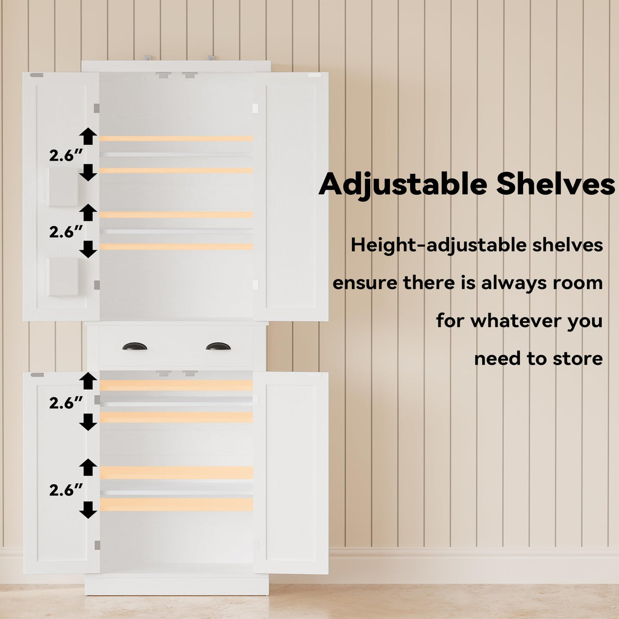 IRONCK Kitchen Pantry Storage Cabinet 72.6" H x 24" W, with Barn Doors, Drawer, 4 Adjustable Shelves, Freestanding Cupboard for Dining Room Living Room, Laundry, White IRONCK