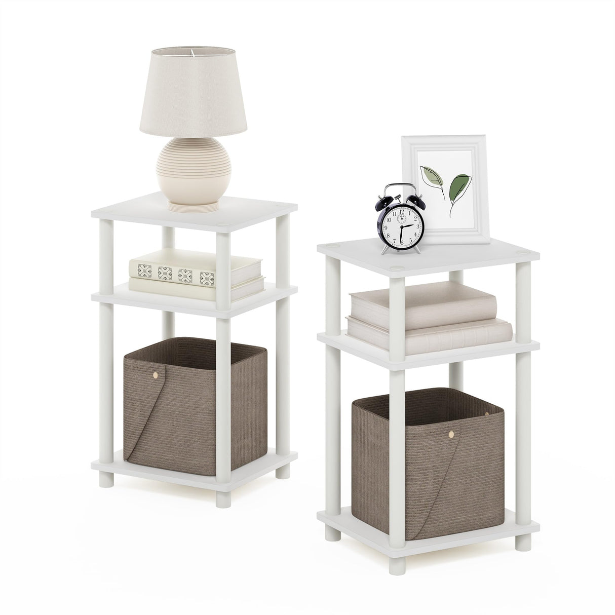 Furinno Just 3-Tier Turn-N-Tube Nightstand, 2-Pack, White/White Furinno