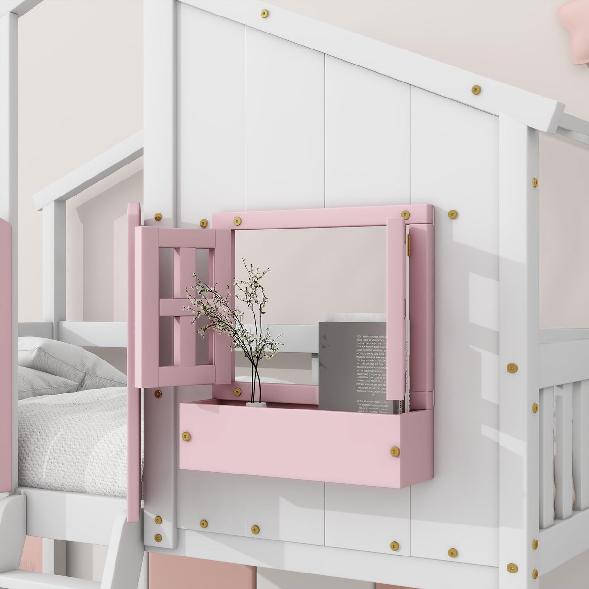 DNChuan Floor House Bunk Bed with Roof and Window,Built-in Storage Box,Wooden Guardrails with Door/Ladder,Low Bunker Bed Twin Over Twin for Kids Girls Boys,Pink/White DNChuan