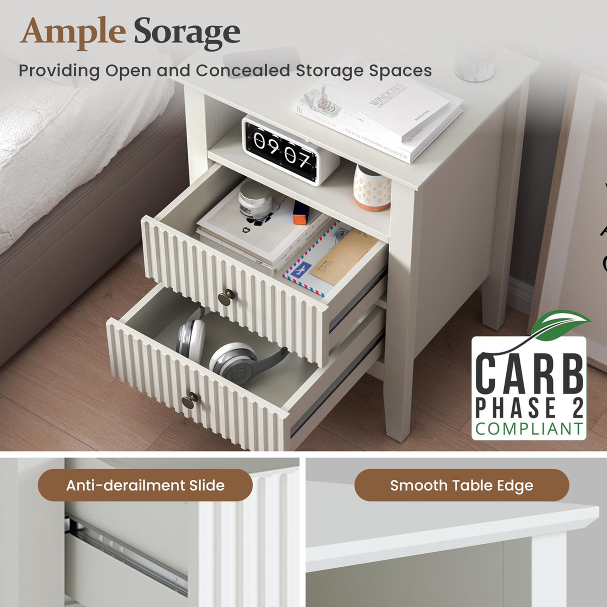 RoyalCraft Fluted Nightstand Set of 2 with Charging Station, White End Table with 2 Silent Slide Drawers & Storage Shelf, Modern Side Table, Wood Night Stand Cabinet for Bedroom RoyalCraft