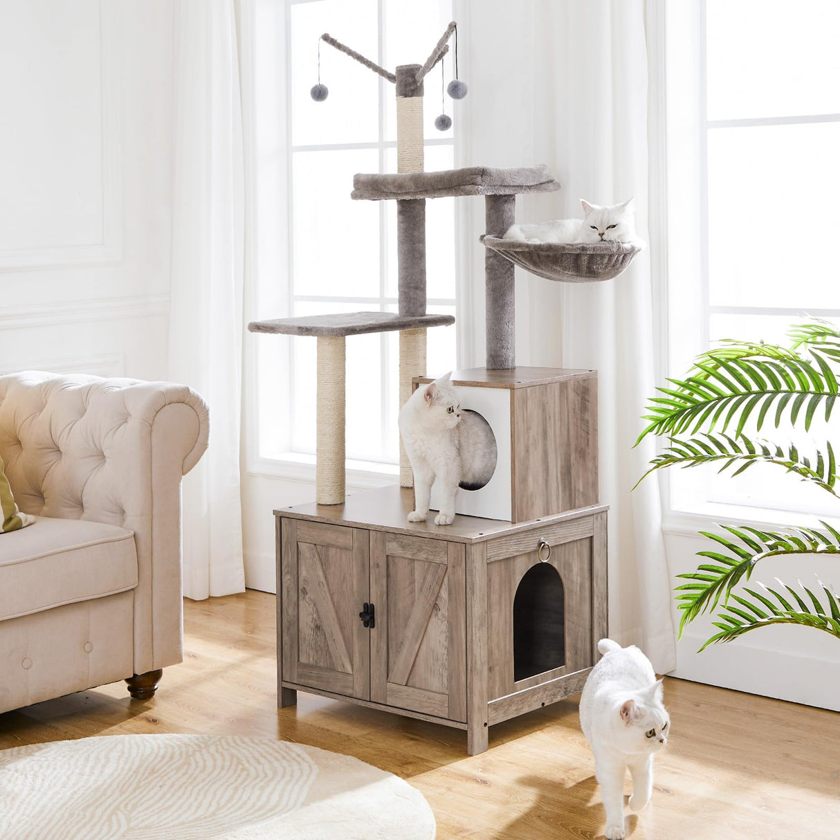 HOOBRO Cat Tree Tower with Litter Box Enclosure for Indoor Cats, Wooden Cat Condo with Scratching Posts, Cat Litter Box Furniture Hidden, All-in-One Cat Toy with Cat House, Greige BG15MZ03 HOOBRO