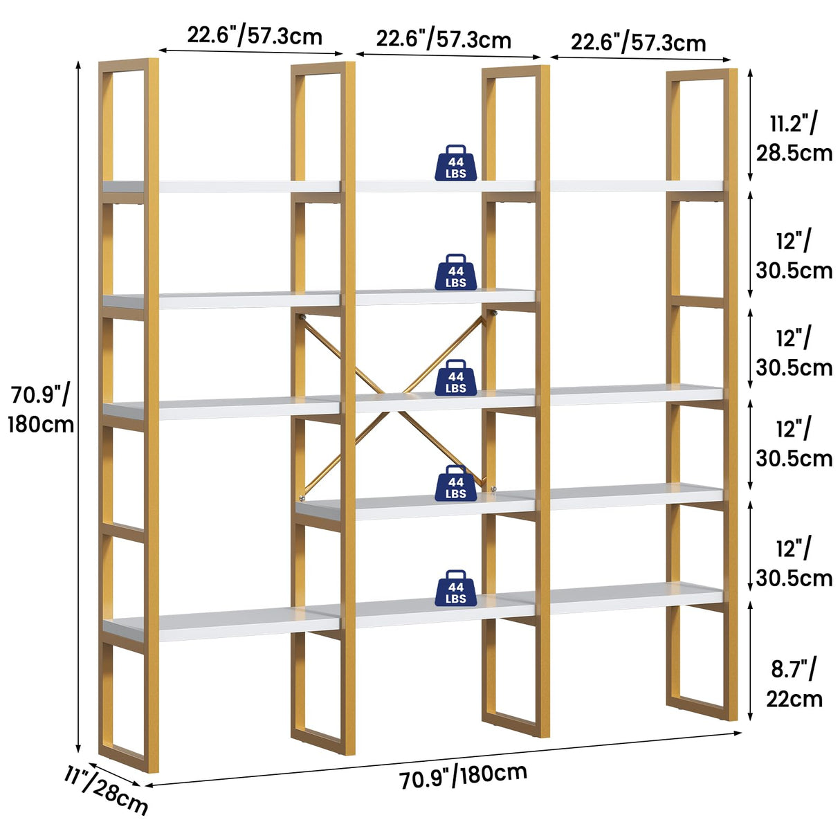 Jehiatek Gold Bookshelf 5 Tiers, Geometric Bookcase, 71"L x 71"H Tall Etagere Book Case, Sturdy Metal Frame, Freestanding Display Shelving Unit for Home, Office, Library Jehiatek