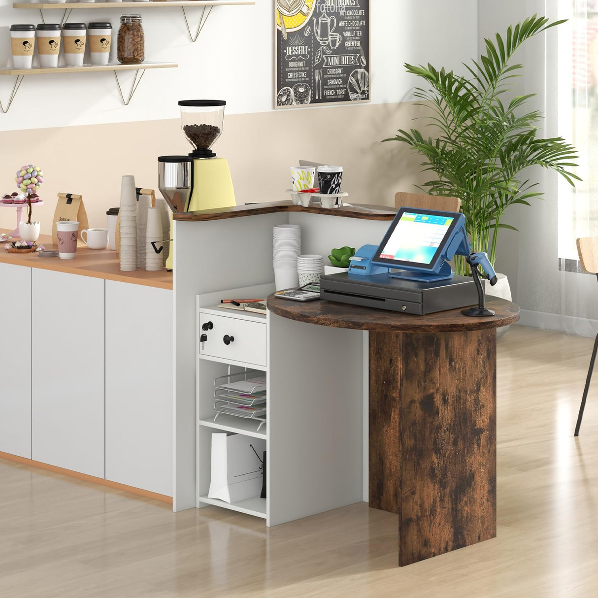 IFANNY Reception Desk, 48’’ Retail Counter w/Lockable Drawer & Storage Shelf, L-Shaped Reception Table, Wooden Computer Desk for Salon, Restaurant, Office (Rustic Brown & White) IFANNY