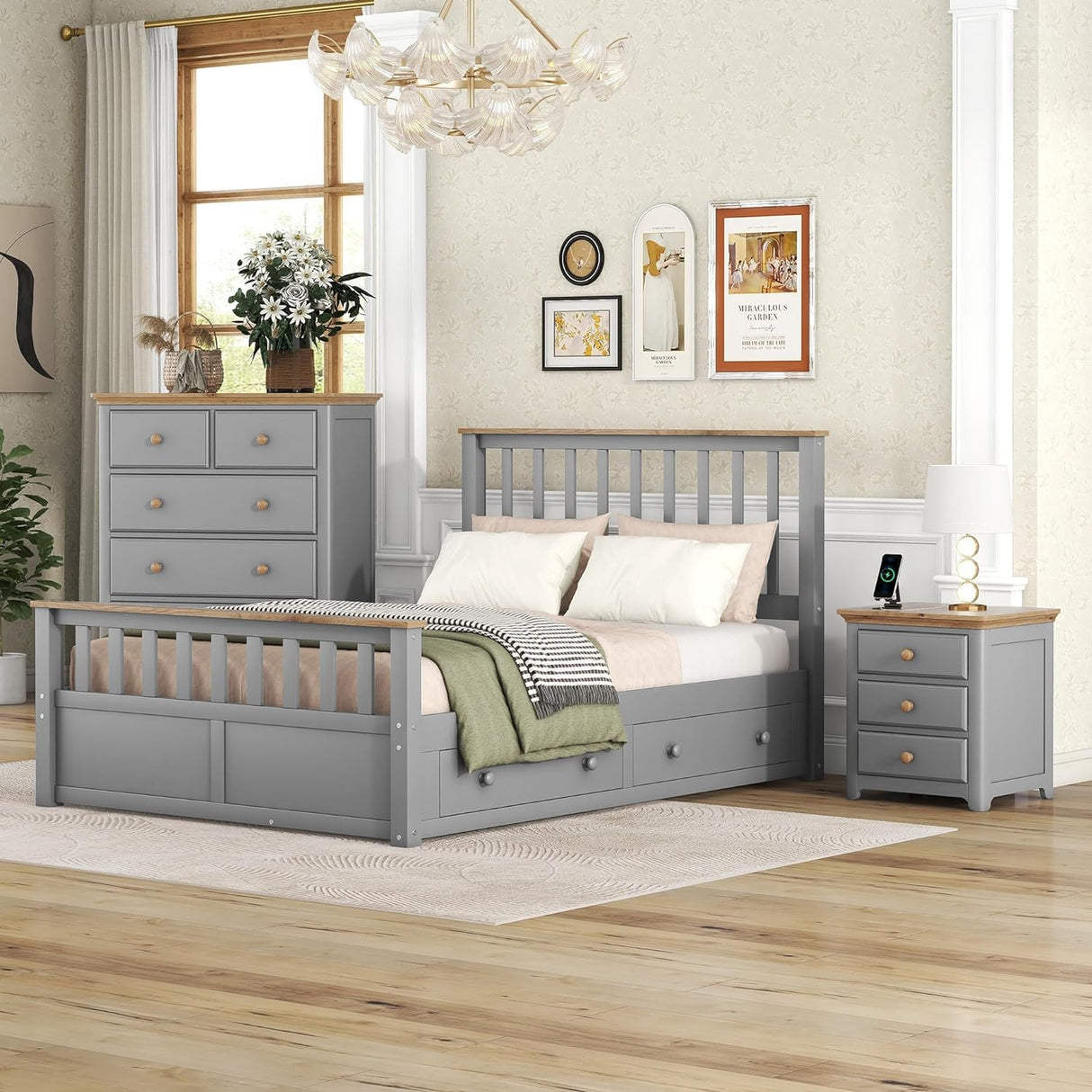 Merax 3-Piece Full Bedroom Furniture Set, Wooden Bedroom Set with Full Size Storage Platform Bed, 3- Drawer Nightstand and 6-Drawer Storage Chest (Gray+Natrual) Merax