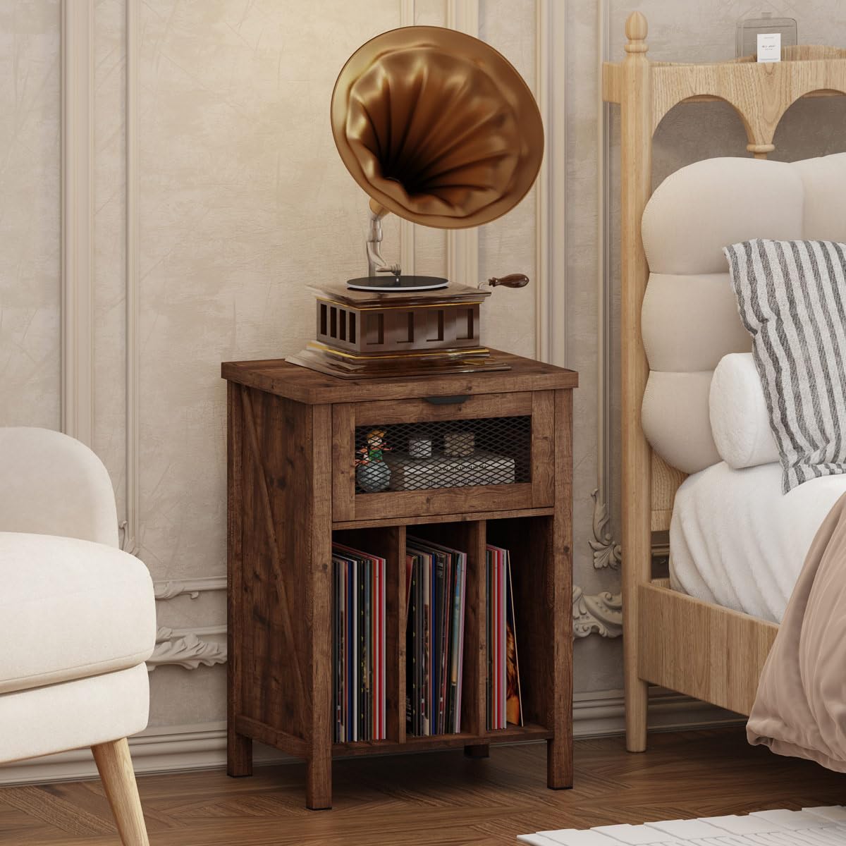 BON AUGURE Record Player Stand with Vinyl Storage, Farmhouse Record Player Cabinet End Table Holds up to 160 Albums, Brown Turntable Stand for Living Room, Bedroom, Office (Rustic Oak) BON AUGURE