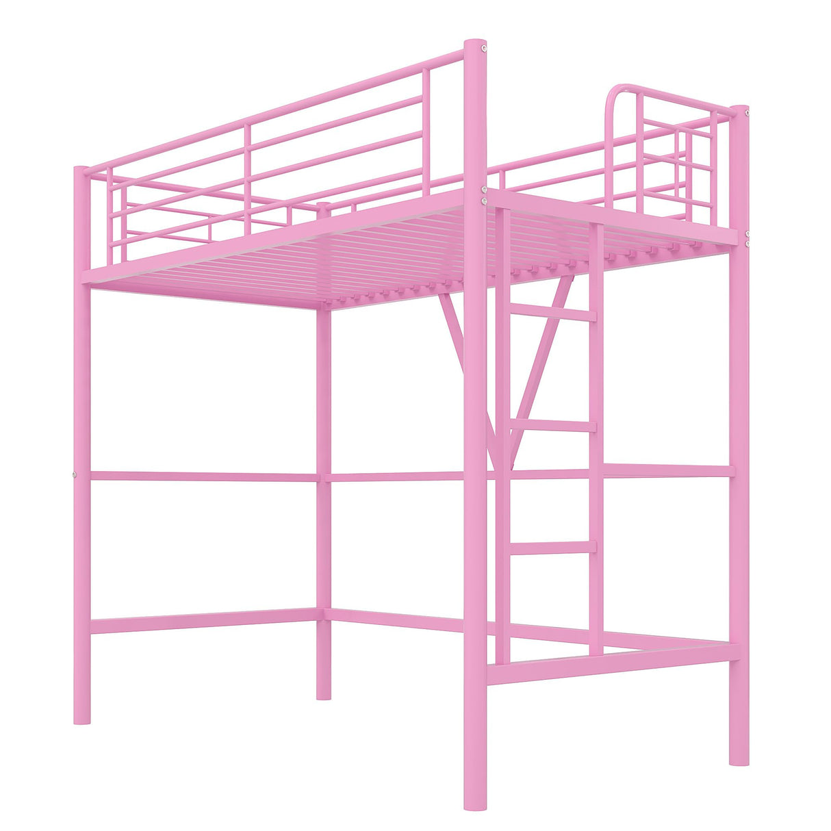 VECELO Twin Size Loft Bed with Full-Length Guardrails and Removable Ladder, Heavy-Duty Metal Frame, Space-Saving Design & Noise-Free, Pink VECELO