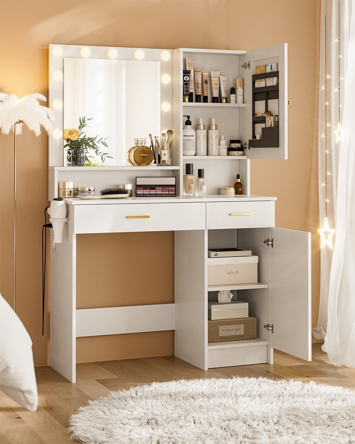 LCRBOL Makeup Vanity Desk with Mirror & Lights, Vanity Desk with 2 Drawers, Storage Shelves, Adjustable Brightness Vanity Mirror with Lights, Bedroom, White LCRBOL