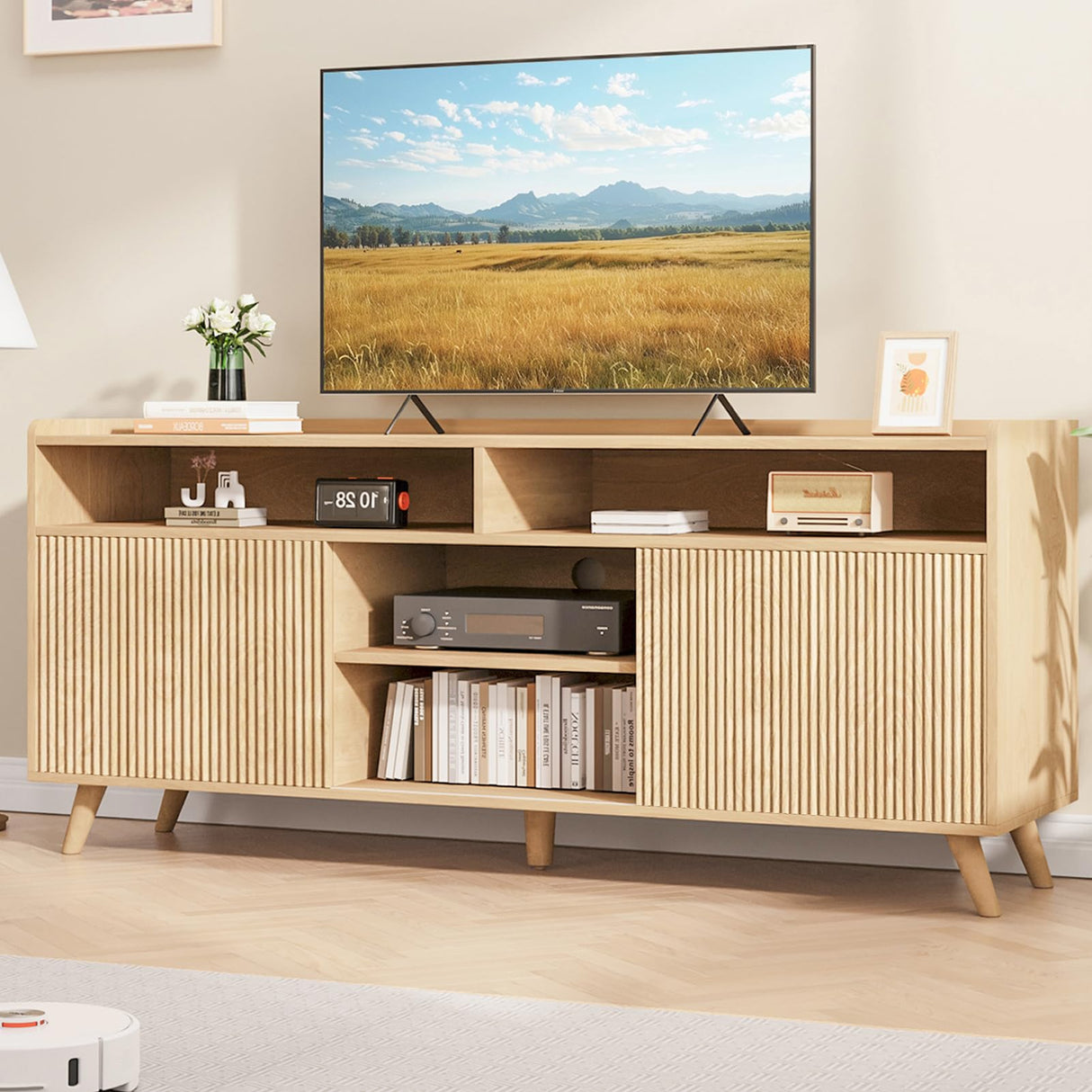 Jocoevol Fluted TV Stand for 65 Inch Boho Entertainment Center With Storage, Wood Media Console Cabinet With Shelves and Doors, Living Room Furniture for Bedroom, Natural Oak Jocoevol