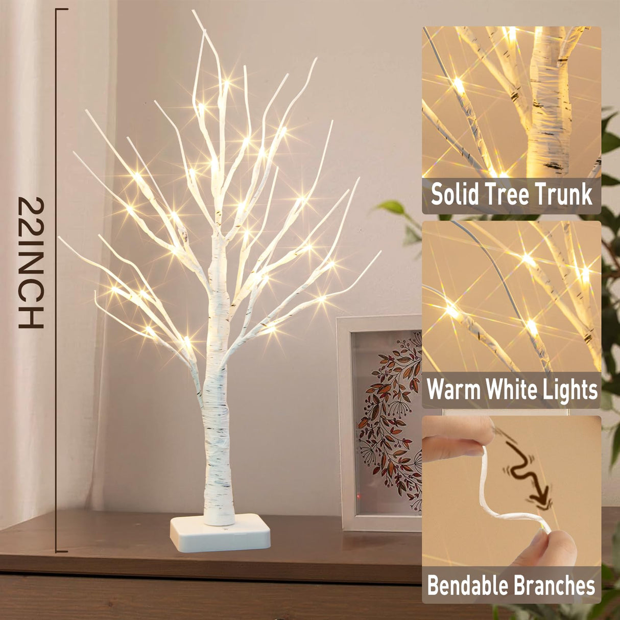 Vanthylit Lighted Birch Tree Battery Powered Tabletop Tree Decorations for Home Mantle Party Christmas Decorations (22 Inch) Vanthylit