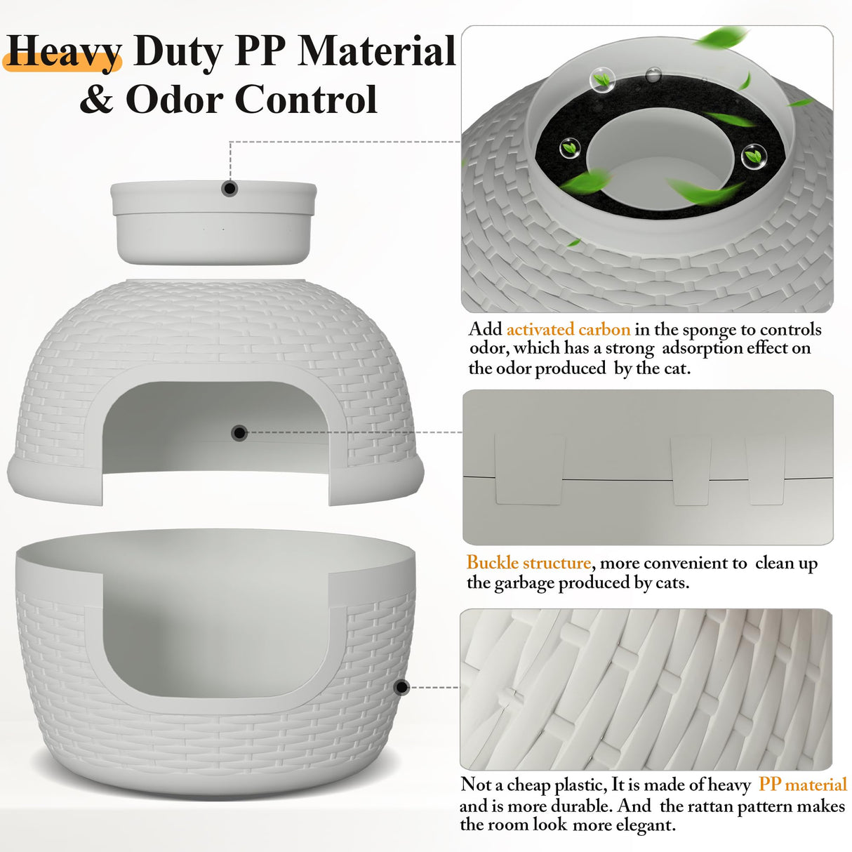 Hidden Box with Faux Plant, Large Cat Litter Box with Rattan Pattern, Heavy Duty PP Material Litter Box Enclosure Furniture for Home Decor, Light Grey keygarzone