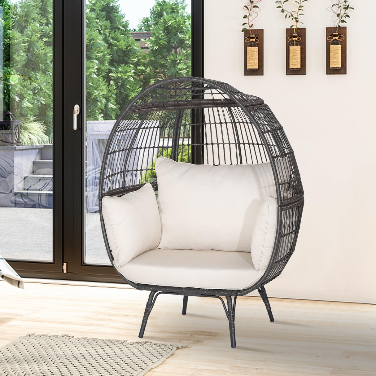 Tangkula Oversized Wicker Egg Chair, Stationary Patio Lounge Basket w/ 4 Soft Cushions, Stable Metal Frame, Gorgeous Indoor Outdoor Lounge Chair, Ideal for Living Room, Backyard, 450 LBS Max Load Tangkula