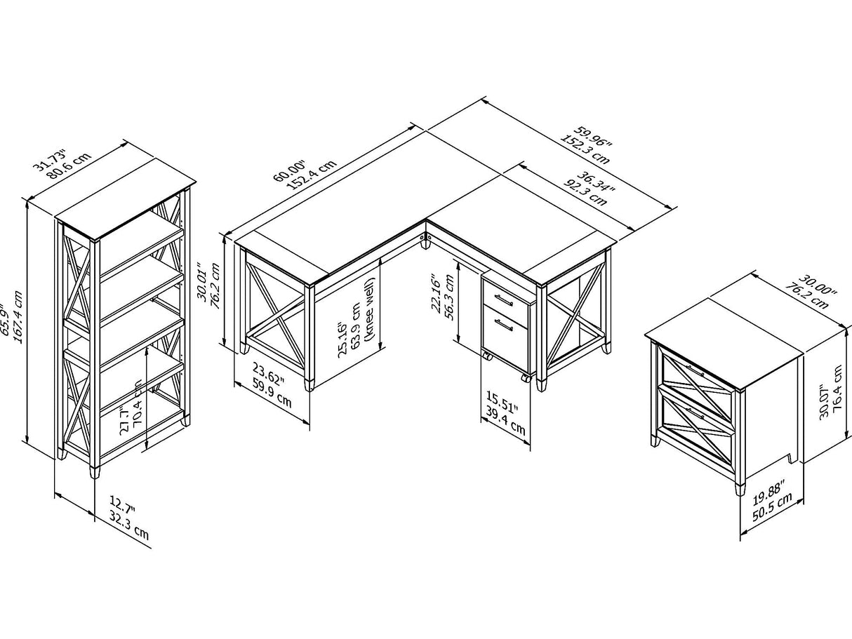 Bush Business Furniture Key West 60W L Shaped Desk Set with File Cabinets & 5-Shelf Bookcase in Pure White Oak Bush Business Furniture