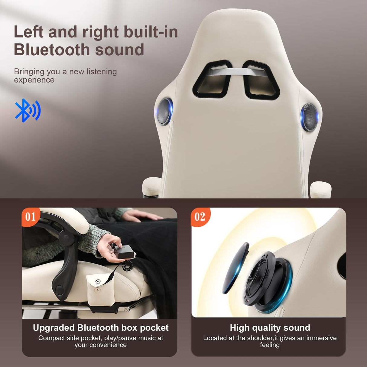 GTPLAYER Gaming Chair, Computer Chair with Footrest and Bluetooth Speakers, High Back Ergonomic Gaming Chair, Reclining Gaming Chair with Linkage Armrests for Adults by GTRacing (Leather, Ivory) GTPLAYER