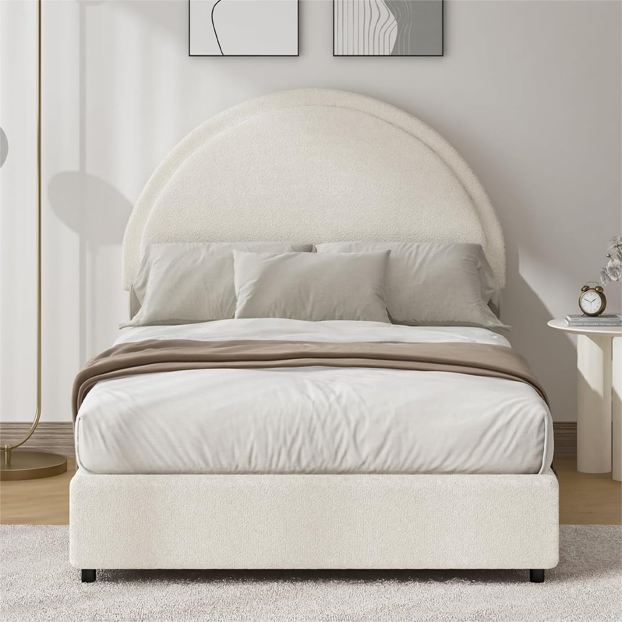 REVOMINCA Twin Size Bed Frame, Boucle Upholstered Platform Bed with Headboard, Cloud Bed Frame with Soft Rounded Corners, No Box Spring Required, Easy Assembly, Beige REVOMINCA