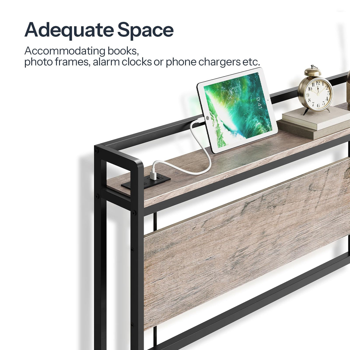 HOOBRO Full Size Headboard, Headboard with 2 Outlets and 4 USB Ports, Adjustable Height, Storage Rack, Sturdy and Stable, Easy Assembly, Greige and Black HOOBRO