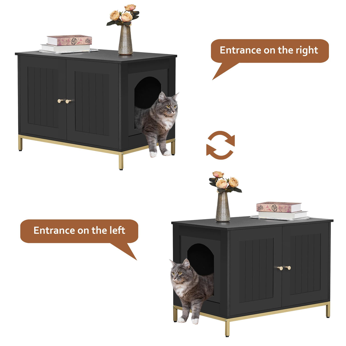 Homhedy Cat Litter Box Enclosure, Litter Box Furniture Hidden with Metal Frame, Cat Washroom Furniture, Cat House, Fit Most of Litter Box, Modern Style, Black and Gold Homhedy