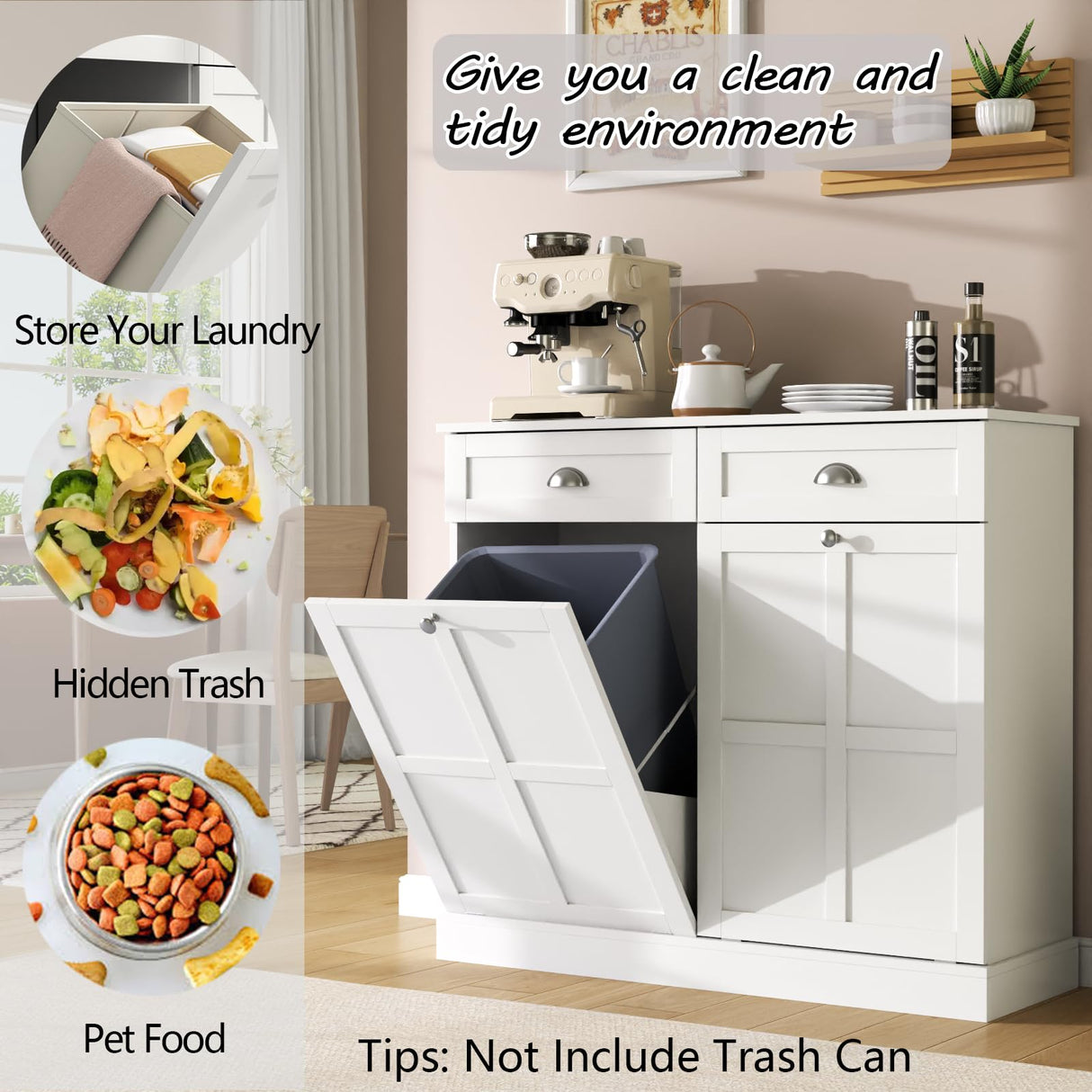 Loomie Double Tilt Out Laundry Hamper Cabinet, Hidden Laundry Cabinet with 2 Drawers & 2 Laundry Storage Baskets, 30 Gallon Trash Can Cabinet, Storage Cabinet for Bathroom, Laundry Room,Kitchen, White Loomie