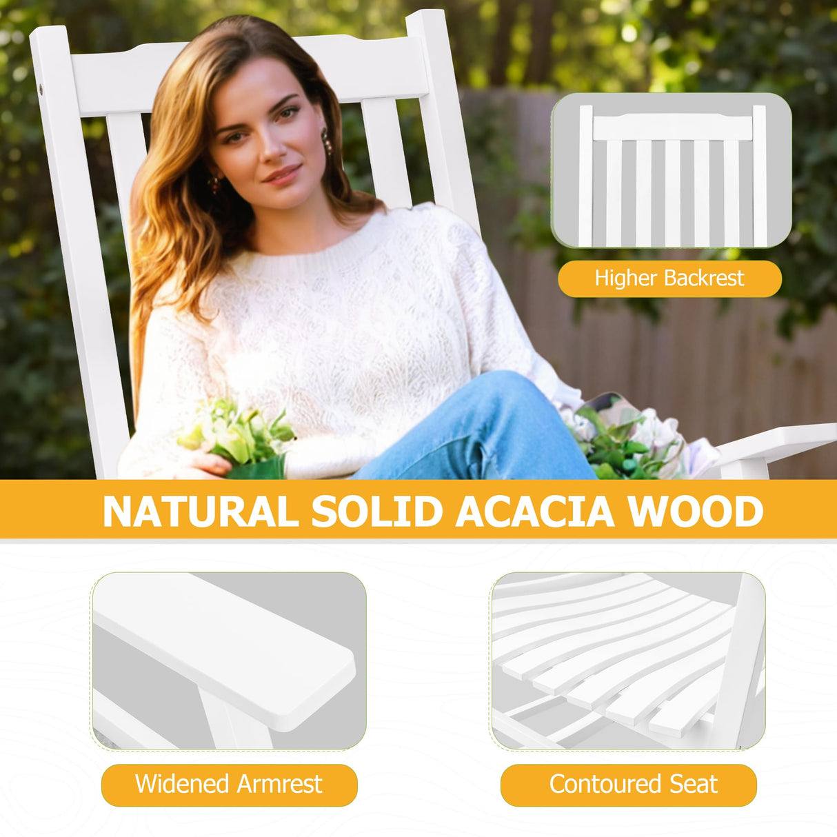 Flamaker Outdoor Rocking Chair Oversized Wooden Patio Chairs with Widened Armrest High Back Porch Rocker for Lawn, Garden, Backyard, Fire Pit (White) Flamaker